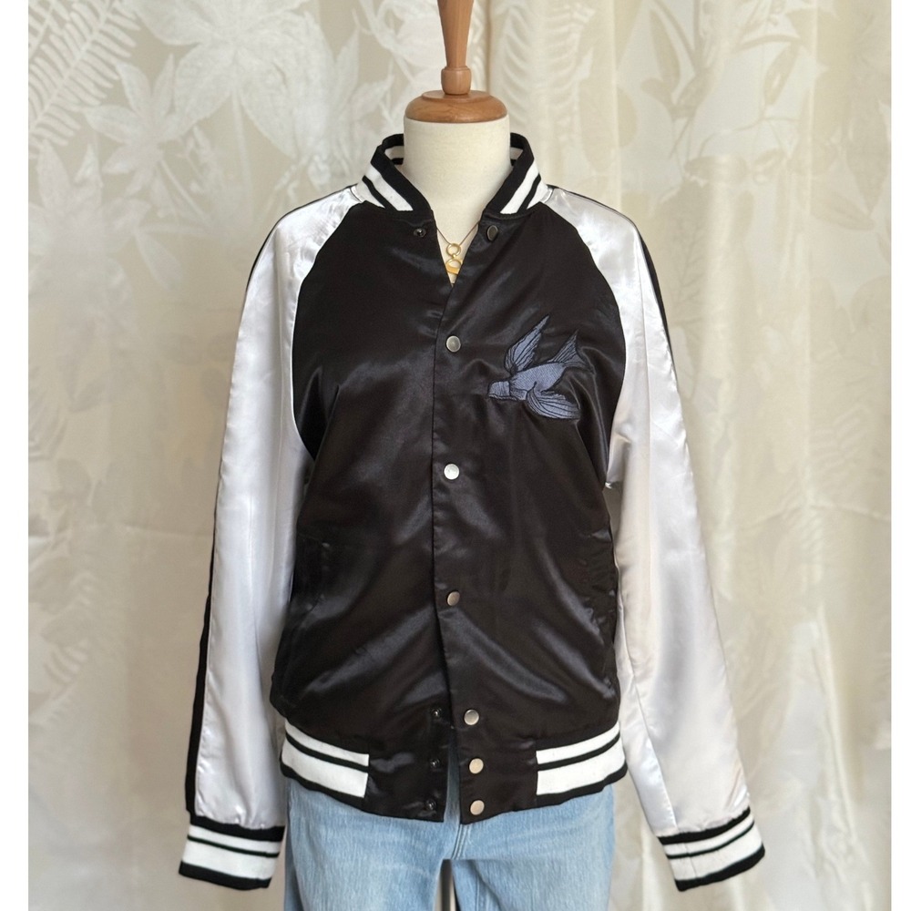 Satin Bomber Jacket Black White Bird Floral Embroidered‎ Baseball Varsity Style